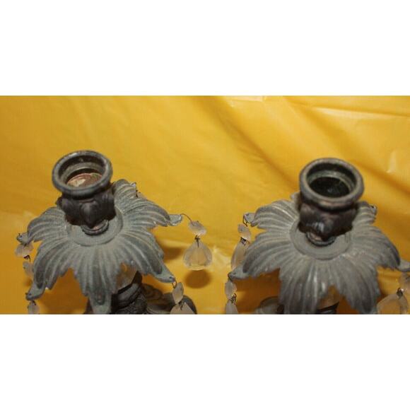 Vintage Pair Of Cast Metal Teardrop Crystals And Prizm Candle Stick Holders - Picture 4 of 12